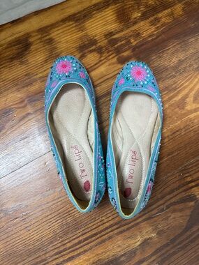 Two Lips Teal Floral Embroidered beaded Leather Ballet Flats Pink Accents